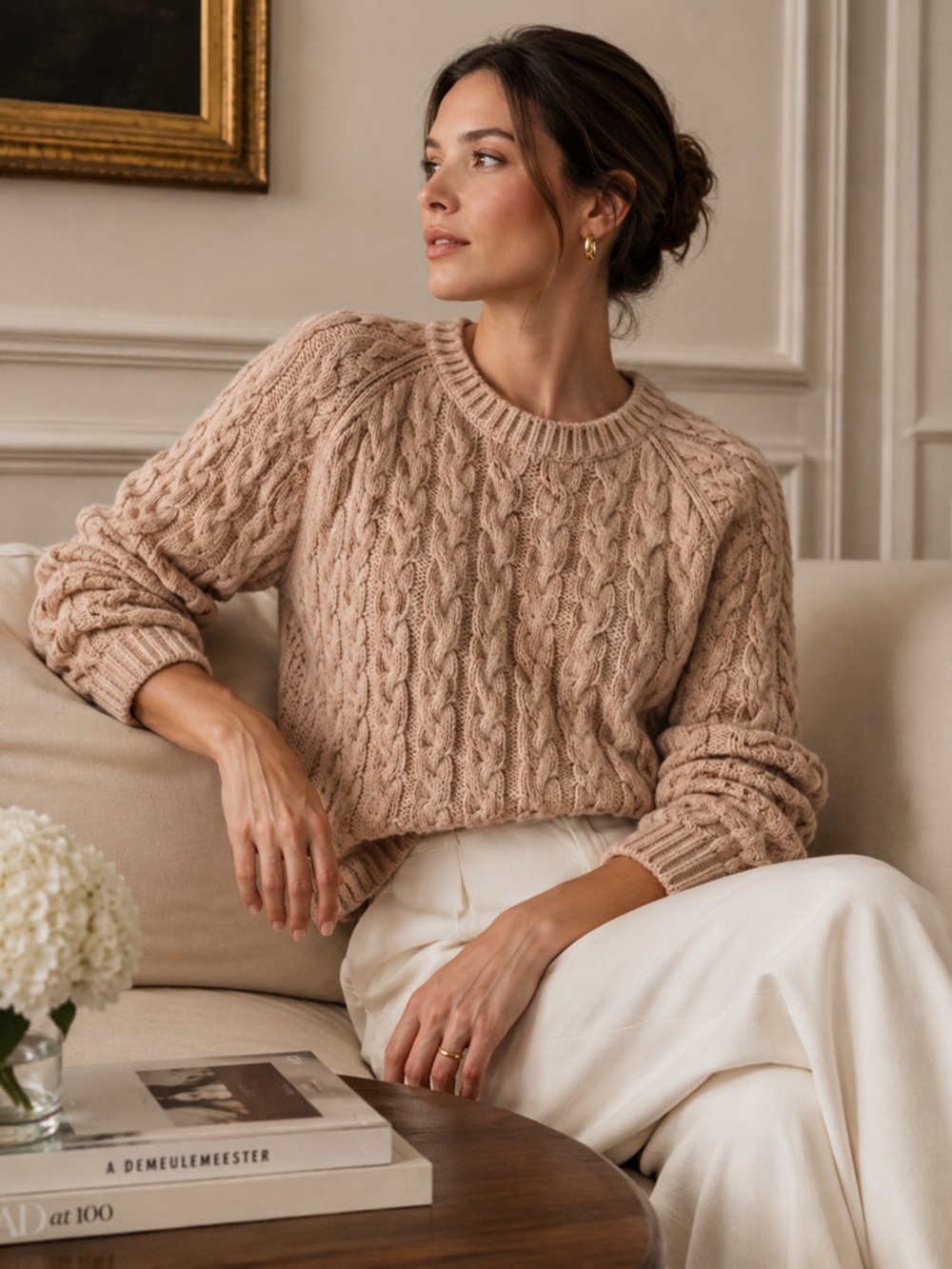J.Crew 100% Cotton Cable Knit Sweater Small Blush Taupe Cropped Cottage Coastal